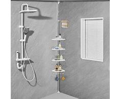 ZHUGE Cestello doccia telescopico con 4 vassoi, 4 ganci e 1 asta porta asciugamani regolabile per lorganizzazione del bagno, Antiruggine, adatto per soffitti da 70 a 330 cm di altezza, bianco