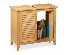 Relaxdays Mobile Sottolavabo in bambù, 60x67x30 cm, Armadietto per Il Bagno Salvaspazio con 2 Ante Magnetiche, Naturale