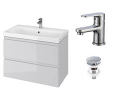 VBChome Mobile da bagno 80 cm, grigio con rubinetto e valvola pop-up, lavabo con armadietto a 2 cassetti