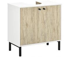 kleankin Mobile Bagno Sotto Lavabo a 2 Ante con Ripiano Interno in Truciolato e Acciaio, 60x30x60 cm, Bianco e Rovere