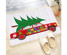 Tappetino da Bagno Antiscivolo,Natale, auto depoca rossa con albero di Natale citazione di buon Natale e pup,Tappetini per Il Bagno Vasca Doccia WC Tappeto da Terra in Microfibra Assorbente 60x100 cm