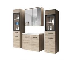 Udine II - Set di mobili da bagno con lavabo e sifone, bagno moderno, completo, con specchio, mobiletto per lavabo, armadietto alto, con illuminazione LED bianca, San Remo