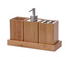 Set Accessori da Bagno HWC-B85 4 Pezzi Legno Bambu e Metallo