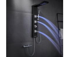 ROVOGO Led Pannello Colonna Doccia Idromassaggio senza Rubinetti, 4 Funzioni: Doccia Pioggia, Jet Massaggio, Doccetta e Becco Vasca Sversatore, Acciaio inox 304, Nero