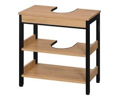 eSituro Mobiletto da Bagno Salvaspazio, Mobile Sottolavabo per Bagno a 3 Ripiani, Mobiletto Sotto Lavandino a Giorno, Struttura in Metallo e Legno, Nero e Rovere Chiaro, 60x30x60cm, SBP0071