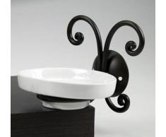 Portasapone portasaponetta a parete da bagno con vaschetta in ceramica bianca e struttura in ferro battuto decorato nero; serie completa da bagno