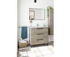 Dmora Mobile sottolavabo con Tre cassetti e Uno Specchio, Colore Marrone, cm 80 x 86 x 45