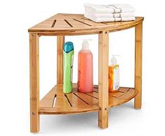 BAKAJI Sgabello Angolare da Bagno Doccia in Legno Tavolo Scaffale ad Angolo Multiuso con Doppio Ripiano Portaoggetti Portasciugamani Design Moderno Tavolino 40 x 40 x 43 cm Colore Naturale