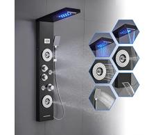 ROVOGO Pannello Colonna Doccia Idromassaggio, 7 funzioni (Luci LED, Pioggia, Cascata, Jet Massaggi, Doccia, Becco Vasca Deversatore e Display Temperatura), Acciaio Inox 304, Nero