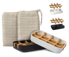2 x portasapone sostenibile ecologico in legno di bambù naturale con vaschetta raccogli gocce in fibra di bambù. Colori bianco e nero + 2 x sacchetti per saponetta, 100% sisal naturale