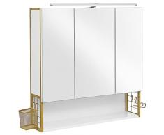 VASAGLE Armadietto da Bagno con Specchio, Mobile a Parete con Luci LED, Mobiletto a 3 Ante, Ripiano Regolabile, Porta Asciugacapelli, Cestino, Moderno, Bianco e Oro Verde Chiaro BBK124A10