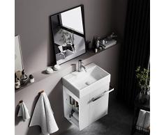 Luxury Design Mobile da Bagno 50CM con Lavabo in Ceramica per Piccolo Spazio, Set da Toeletta a Muro con Cassetto a Chiusura Ammortizzata e Maniglione porta Asciugamani in Acciaio Inox (BIANCO OPACO)