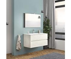 Mobile bagno sospeso moderno, 2 cassettoni capienti, INCLUDE lavabo in ceramica specchio e lampada (Larghezza 100 cm, Bianco Venato)