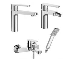 Set miscelatori rubinetteria bagno lavabo bidet e vasca da bagno, in ottone cromato, Recta