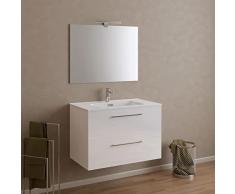 Mobile Bagno Sospeso Mod. Hana 80cm Colore Bianco Lucido con 2 Cassetti Soft-Close (Chiusura Rallentata) in Legno Mdf con Lavabo Integrato e Specchio Filo Lucido Incluso