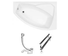 BESCO RIMA Vasca da bagno 140 x 90 cm, in acrilico, set grembiule per sifone, vasca angolare, design moderno, scarico a destra (vasca + scarico + volte)