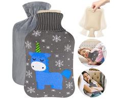 Borsa dellacqua calda, FRECOO bottiglia dellacqua calda da 2 litri con coperchio , soffice bottiglia dellacqua calda, priva di sostanze nocive, bottiglie dellacqua calda per bambini, (Unicorni)