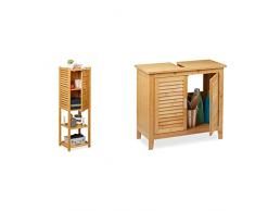 Relaxdays Mobile Bagno Colonna in Bambù, 5 Ripiani & Armadietto con Anta, Cucina, Scaffale, 113 x 35 x 29 cm, naturale, pannelli MDF, 1 pz, 10028833 & Mobile Sottolavabo in bambù, 60x67x30 cm