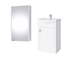 Planetmöbel - Set di mobili da bagno composto da mobile sotto-lavabo e armadietto a specchio, con sifone, ideale per il bagno degli ospiti, colore bianco
