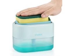 Veelink 500ML Dispenser Sapone Liquido Manuale con Spugna per Piatti Dispenser Detersivo Piatti Porta Spugna Erogatore Sapone Piatti Distributore Detersivo Piatti in Plastica Blu