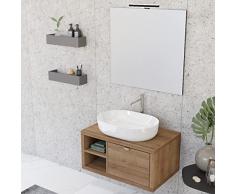 Yellow shop - Mobile bagno sospeso 80 cm ripiano, cassetto, lavabo - specchiera con luce led (opz.) Domus Rovere Farnia (Composizione completa)