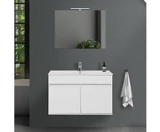 Mobile bagno sospeso con lavabo in ceramica e specchio, cassetti e ante a chiusura rallentata, 3 colorazioni disponibili (90 cm 2 ante, Bianco lucido)
