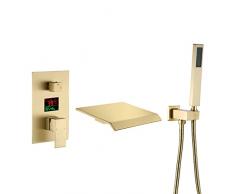 ESOP Rubinetto Vasca da Bagno con Doccetta, Display Digitale Miscelatore Vasca da Bagno Oro Spazzolato Rubinetto Doccia da Muro, Cascata Rubinetti per Vasca con 150 cm Flessibile Doccia