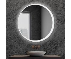 Specchio da bagno tondo diametro 90 cm, retroilluminato con cornice luminosa LED, luce bianca naturale, installazione a parete