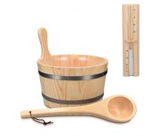 Navaris Secchiello da Sauna in Legno - Secchio in Legno 5 Litri con Inserto in Plastica Mestolo e Clessidra Tempo - Set Accessori per Saune Finlandesi