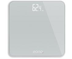 Amazon Brand - Eono Bilancia Pesapersone Digitale, Con Sensori Ad Alta Precisione e Vetro Temperato, Ultrasottile, Per il Bagno, Peso in stone/kg/libbre - Garanzia 15 anni,Argento