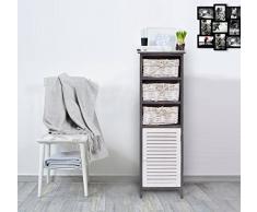 Rebecca Mobili Armadietto Shabby, Mobile Bagno 1 Anta 3 cassetti, Legno Paulownia Vimini, Bianco Grigio, Arredamento Camera Bagno - Misure: 102 x 32 x 26 cm (HxLxP) - Art. RE4188