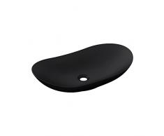 Mai & Mai® Lavabo da Appoggio 63x36,5x14cm, Lavandino Bagno Ovale Brüssel858 Lavabo in Ceramica Bianca Nano Rivestimenti Nero Opaco