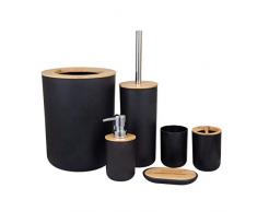 MisFox Set di 6 Accessori da Bagno, Accessori Bagno Set in bambù con Dispenser Sapone, Pattumiera, Portaspazzolino, Tazza da Denti, Spazzolino da Toilette e Portasapone,Nero