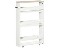 kleankin Carrello da Cucina a 3 Ripiani Salvaspazio, Mobiletto Bagno con Rotelle e Maniglia in Legno per Bagno, 48x15x80cm, Bianco