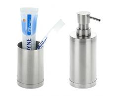 Relaxdays 2 Accessori Set da Bagno Acciaio Inox, Bicchiere Portaspazzolino, Dispenser Portasapone Liquido, Argento, 100%