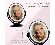Specchio da Trucco Doppia Faccia con Luci a LED,Ingrandimento 1x/7x Specchio Trucco con Rotazione a 360°,Luminosità regolabile tramite touch screen,Specchio Illuminante Portatile per Viaggio,Bagno