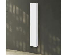 Pensile bagno sospeso H 150 bianco lucido in legno con cinque ripiani interni, profondità 15 cm