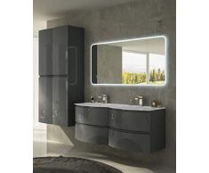 Mobile bagno Vague antracite,cm 138, con specchio a led, doppio lavabo e colonna