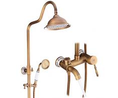 Retro Colonna Doccia Sistema Soffione a Muro Ottone Antico con Doccetta e Pioggia Soffione Altezza Regolabile Vintage Blu e Bianco Porcellana Miscelatore Bagno,Antiqueshower