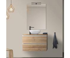 Mobile Bagno sospeso 80 cm per lavabo da appoggio, Serie Master 2 cassetti, Completo di Top e Specchio (Rovere Miele)