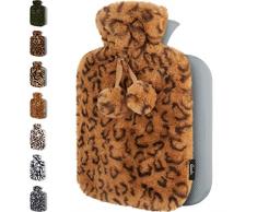Borsa Acqua Calda con Copertura Peluche - Morbida Copertura Premium - 1,8L Grande Capienza - Boule Acqua Calda per Alleviare il Dolore, Schiena - Stampa Animalier Marrone Scuro