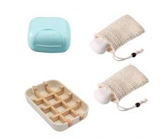 1 portasapone in bambù con 2 sacchetti di sapone con perle di legno, 1 portasapone in plastica, portasapone sostenibile, portasapone stabile ecologico, portasapone rimovibile per bagno, cucina