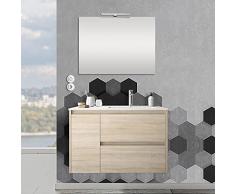 Mobile bagno sospeso 85 cm, cassetti e anta chiusura soft close, COMPLETO di ceramica e specchio (Rovere Juta, Vasca Destra)