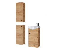Planetmöbel Set da bagno composto da mobiletto 40cm con lavabo e 2x armadietto midi in rovere oro, set per bagno 4 pezzi