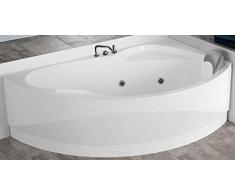 Vasca Bagno Idromassaggio Angolo Curva Asimmetrica Novellini Vogue Hydro 150x85 H55 cm 140 LT Colonna Rubinetteria Installazione Destra Pannello Whirlpool Telecomando Poggiatesta Telaio Bianco Lucido