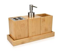 Navaris Set Accessori Bagno in bambù 4 Pezzi - Porta-Spazzolino Dispenser Porta-Sapone Bicchiere Porta-Oggetti e Vassoio - Kit Legno 25x10,5x18,5cm