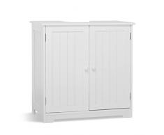 Meerveil Mobiletto Sottolavandino a Terra, Mobiletto in Legno, Armadietto Sottolavabo a Dobbia Ante e Due Ripiani, Salvaspazio, Autoportante, per Bagno, 60 x 30 x 60 cm, Bianco