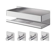 AIKER Mensola Doccia,Versione Aggiornamento Acciaio Inossidabile 304 Addensato Mensola Doccia Senza Foratura,Autoadesivo Mensole Bagno,Porta Sapone Per Doccia，Con 4 PCS Ganci Accessori Bagno