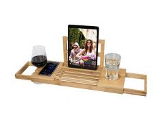 Bakaji Tavolino Vassoio per Vasca Bagno Estensibile con portasapone Portacalice Portabicchiere Larghezza Regolabile in Legno Bambù Supporto per Tablet e Scomparti Organizer per il Bagno