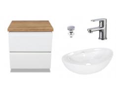 VBChome Mobile da bagno, 60 cm, bianco con foro per rubinetto e rubinetto, 59 x 39 cm, con mobiletto per lavabo e 2 cassetti, stile moderno